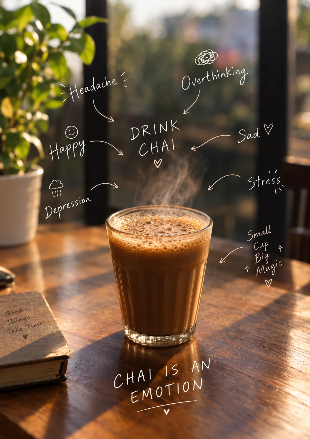 A glass of steaming chai on a wooden table with the words Chai is an emotion